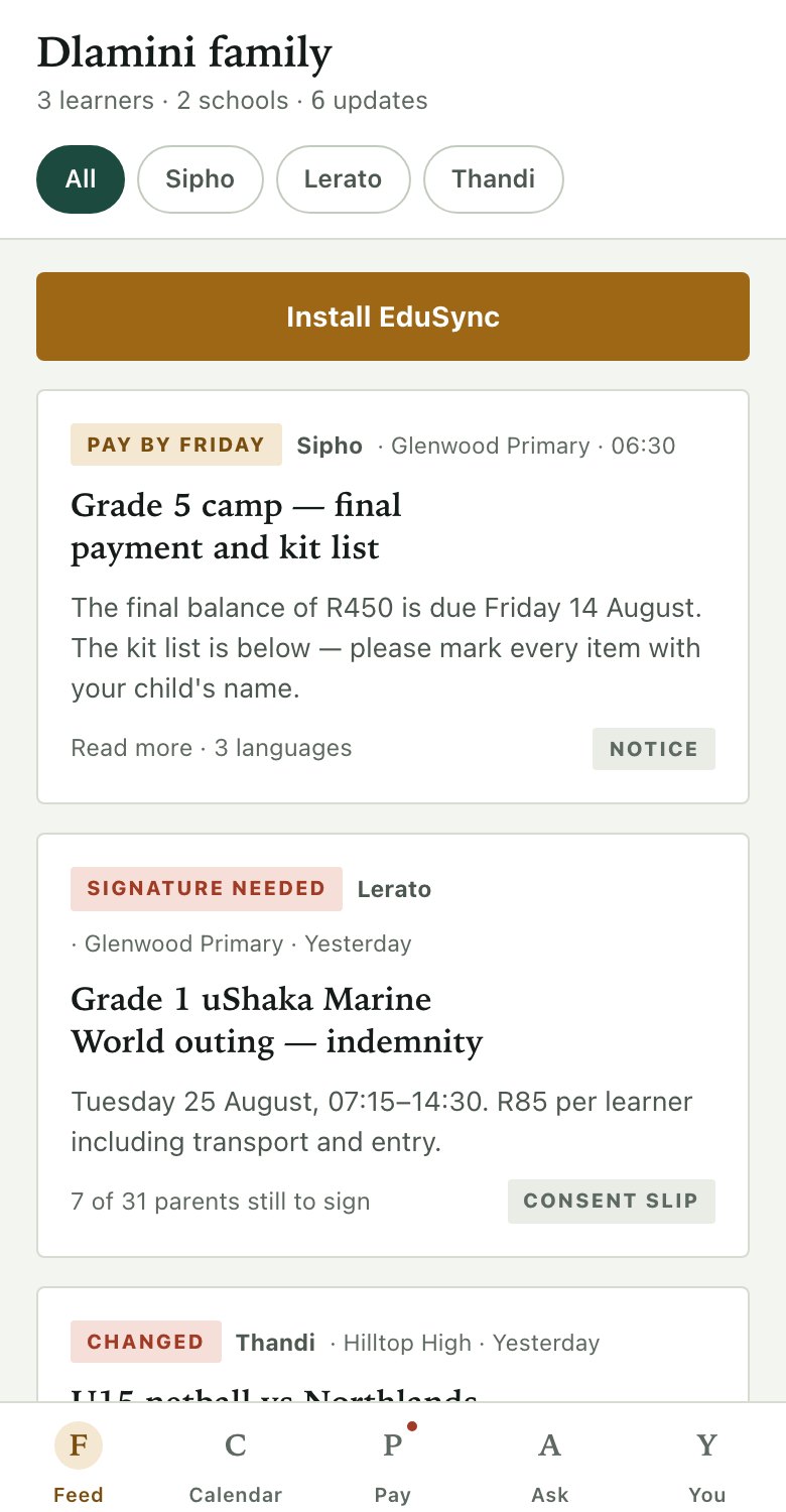 The EduSync family feed for a household with three learners at two schools, showing a camp payment, a signature request and a changed fixture.