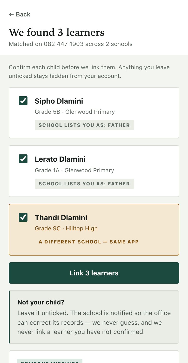 The EduSync matching screen: three learners found across two schools, each to be confirmed before linking.
