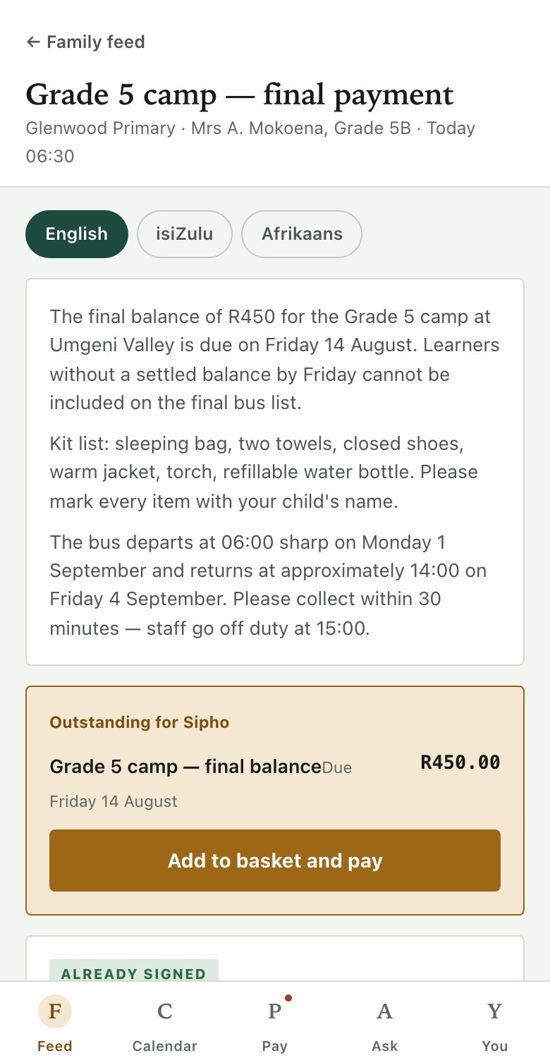 A school notice in EduSync with language chips and an outstanding payment card.