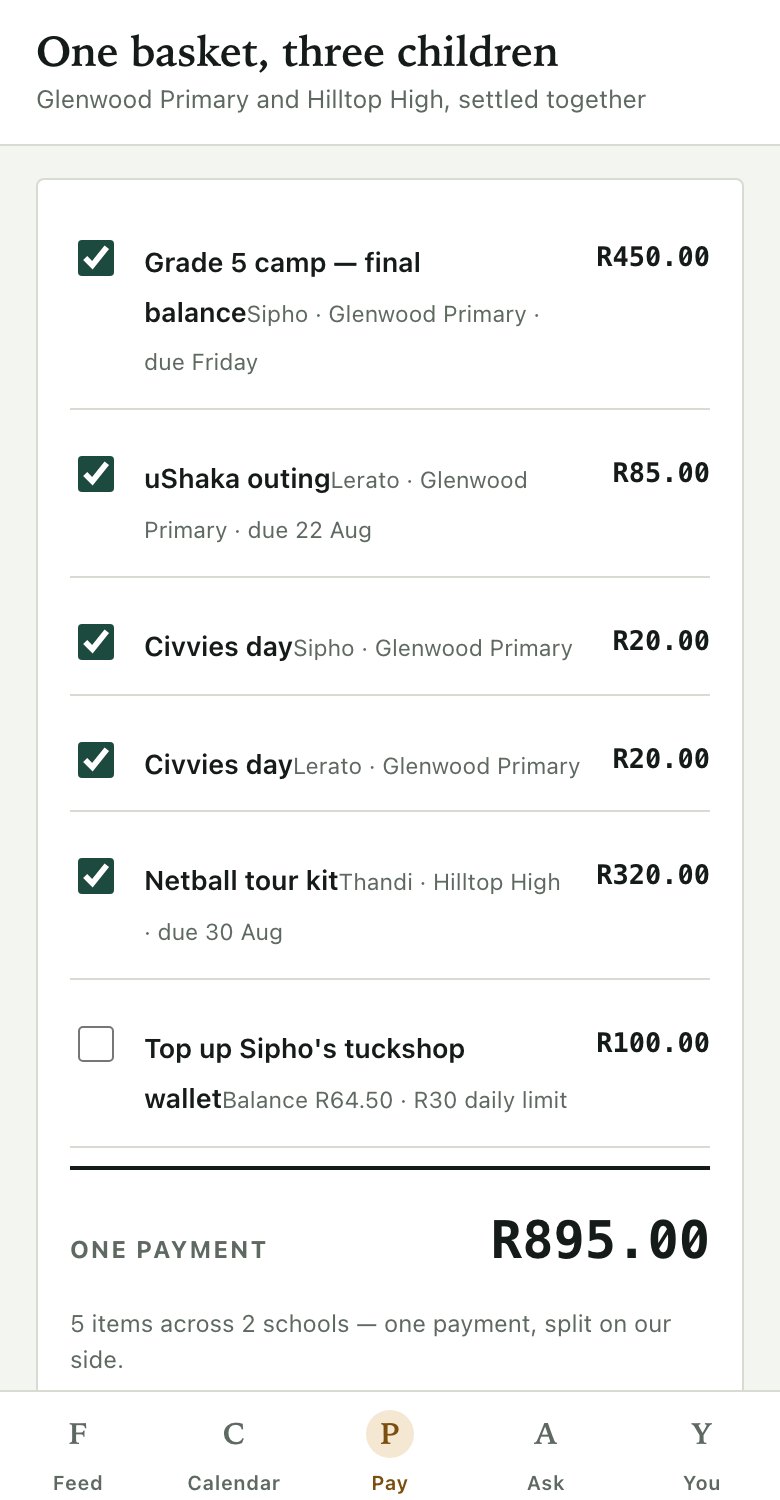 The EduSync basket with five items across two schools and one payment total.