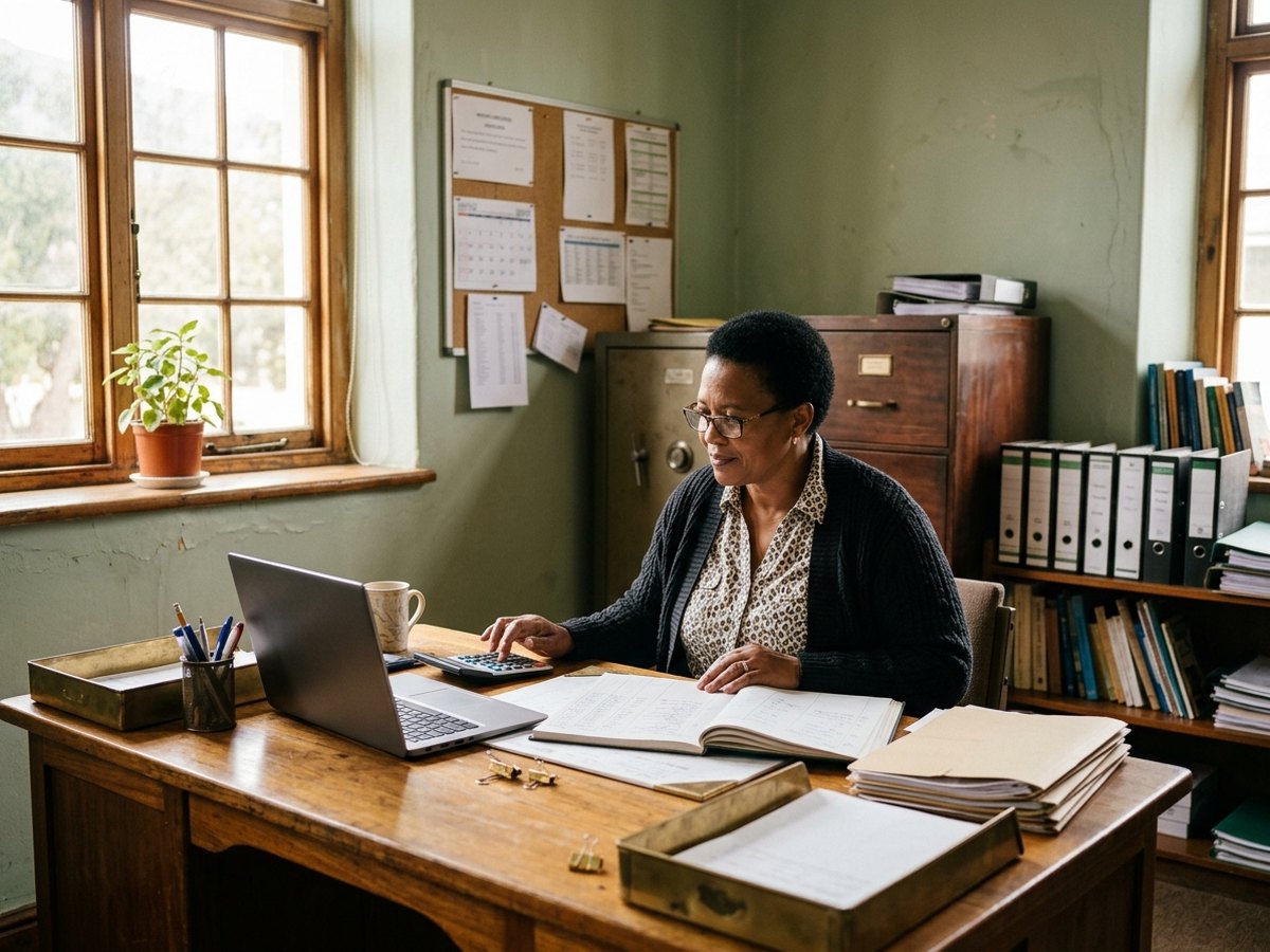 A school bursar at a desk in the school office reviewing fees on a laptop.