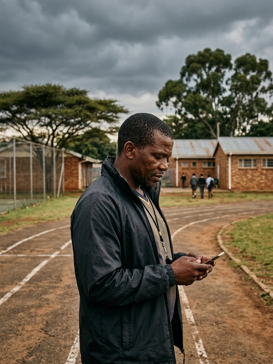 A coach on an athletics track checking a phone as rain approaches.