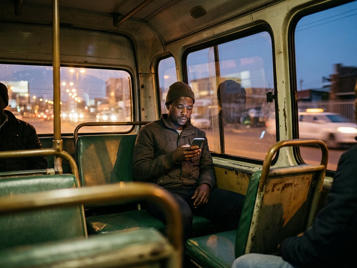 A parent reading a school message on their phone during an evening taxi commute.