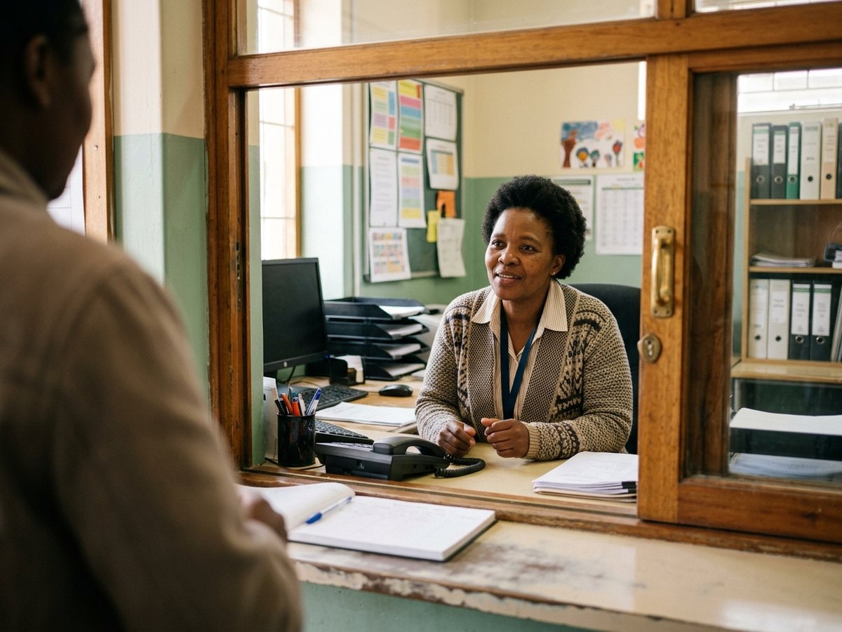 A school receptionist at the front office counter.
