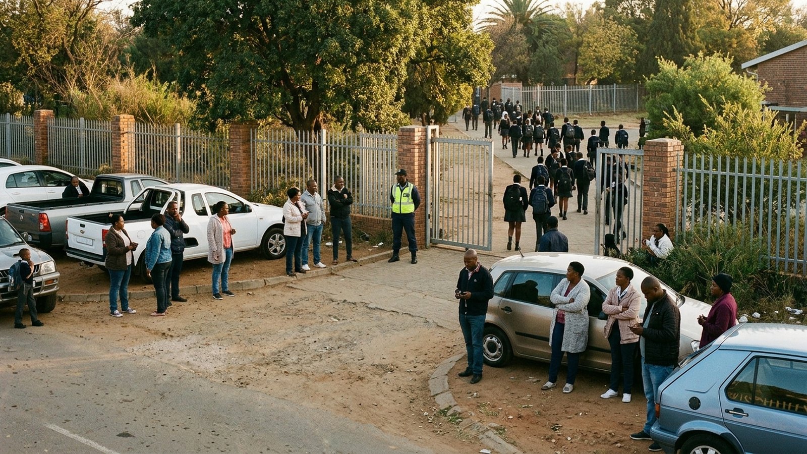 Parents waiting at a school gate during afternoon pick-up.