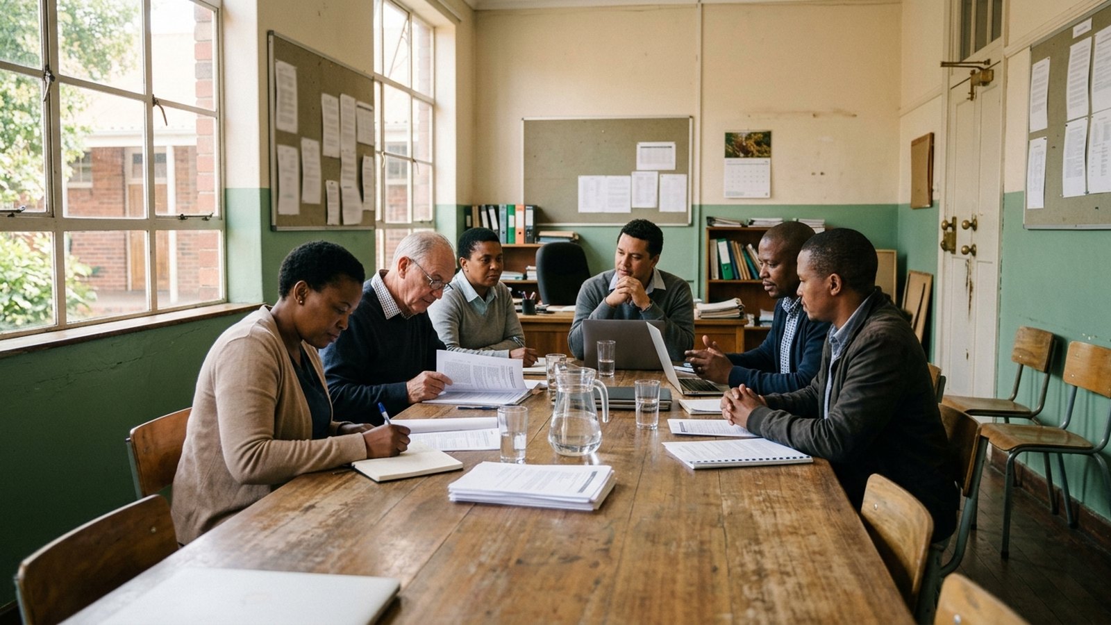 A school governing body meeting around a boardroom table.