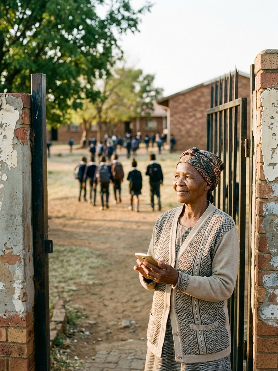 A grandmother at the school gate collecting a grandchild, checking her phone.