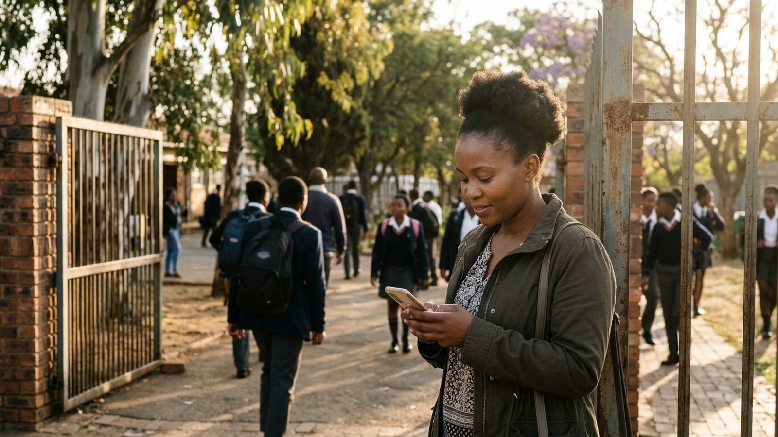 A parent reads a message on their phone at the school gate at pick-up time.