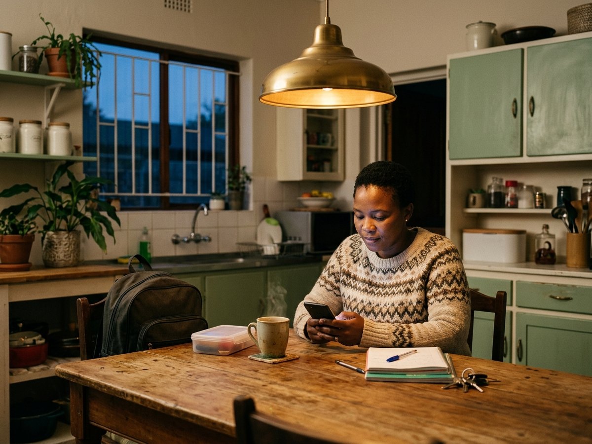 A parent reading a school notice on their phone at the kitchen table at home.