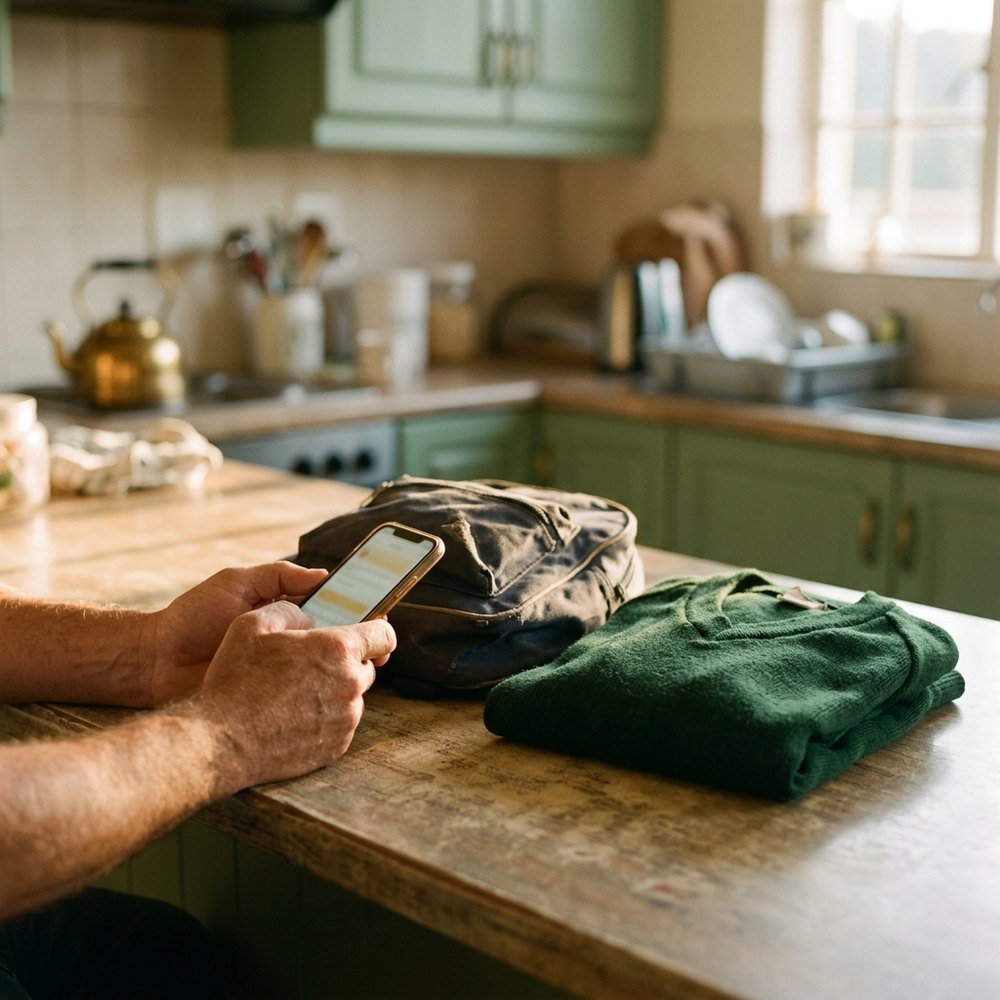 A parent's hands holding a phone to pay school fees, with a school bag and jersey nearby.