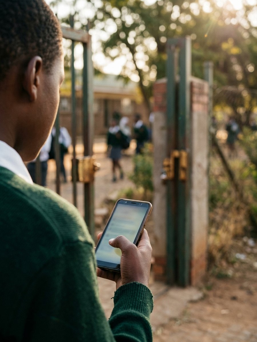 A hand holding a phone showing a school notice, with the school gate blurred behind.