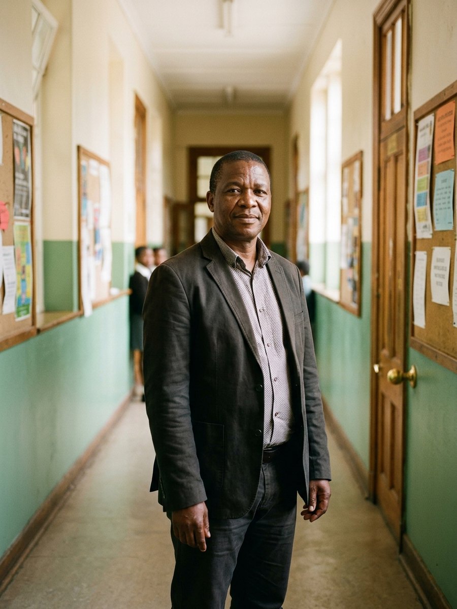 A school principal standing in a bright school corridor.
