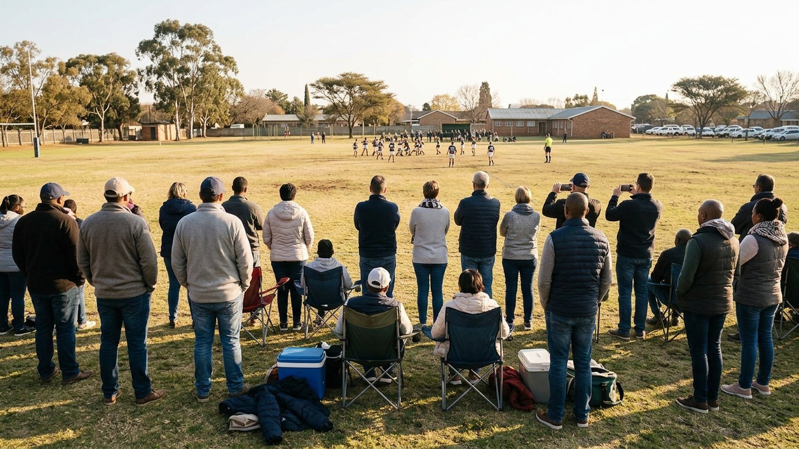 Parents on the touchline at a school sports fixture.