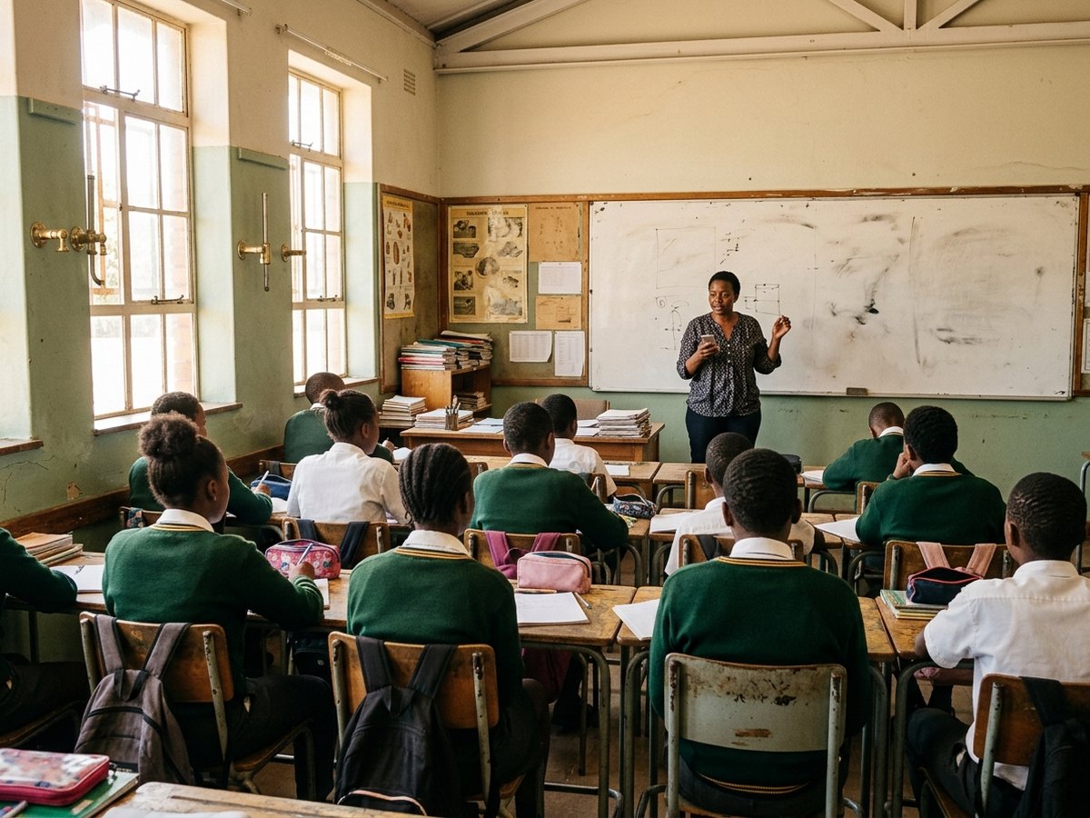 A teacher in a classroom holding a phone, with learners seen from behind.